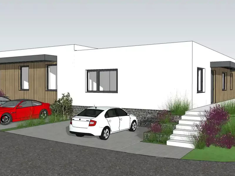 moderný rodinný dom so zaparkovanými autami