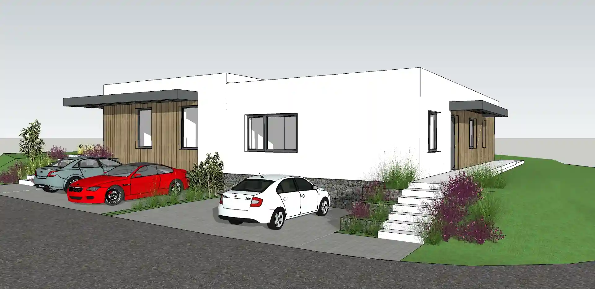 moderný rodinný dom so zaparkovanými autami